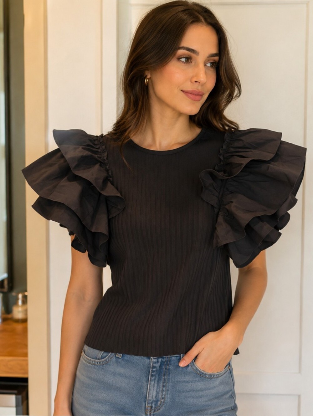 Marc New York Black Ribbed Top with Layered Ruffle Sleeves